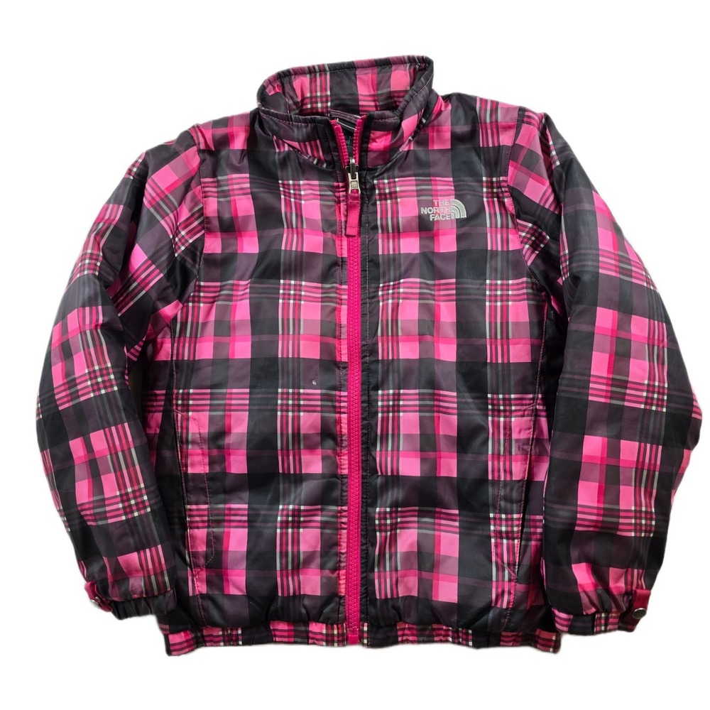The North Face Puffer Jacket Girls XS 6 Pink Black Plaid Insulated Full Zip Coat